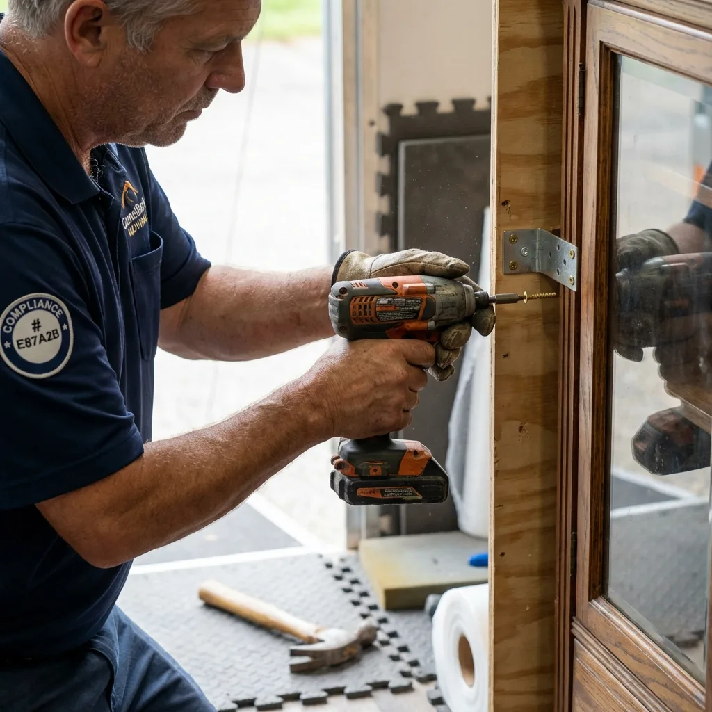 Close up of hands installing wooden crate frame around glass display cabinet