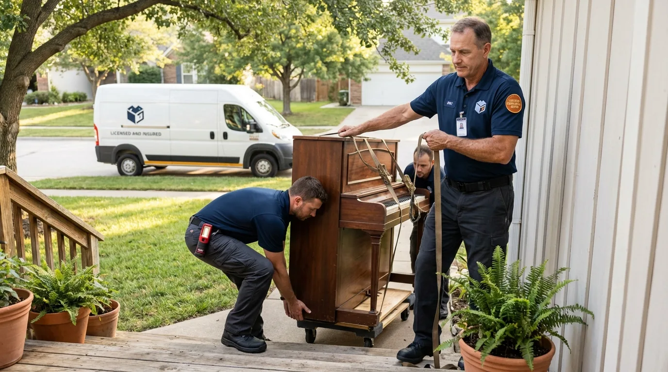 Licensed piano movers securing grand piano in Evanston, IL