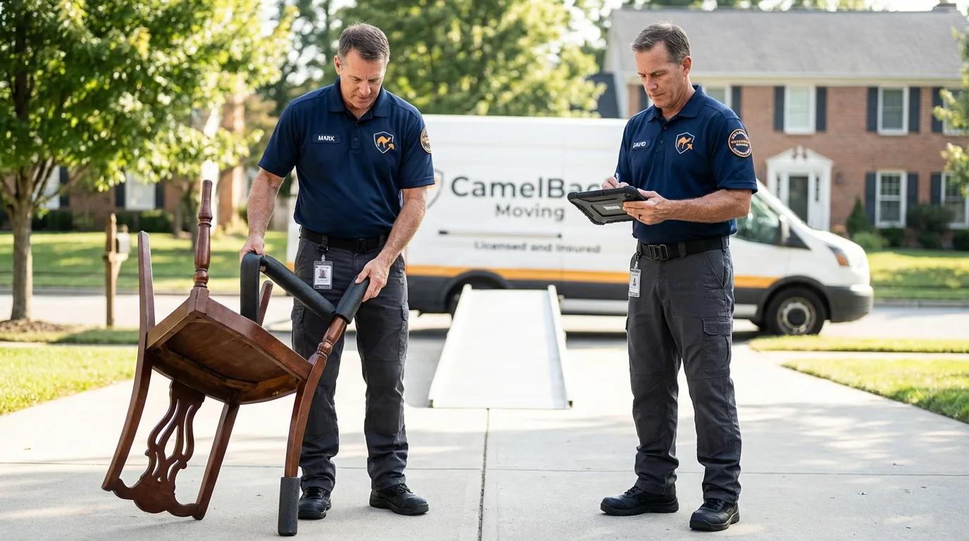 Movers inspecting furniture for damage prevention before loading in Evanston, IL